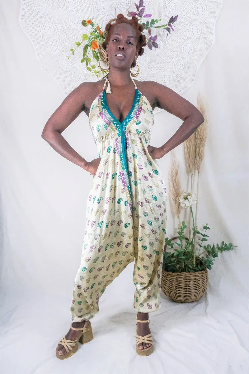 Medusa Harem Jumpsuit - Vintage Sari - Gold Wildflower Motif - M/L