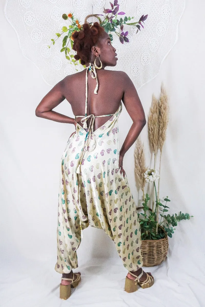 Medusa Harem Jumpsuit - Vintage Sari - Gold Wildflower Motif - M/L