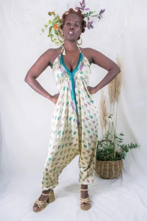 Medusa Harem Jumpsuit - Vintage Sari - Gold Wildflower Motif - M/L