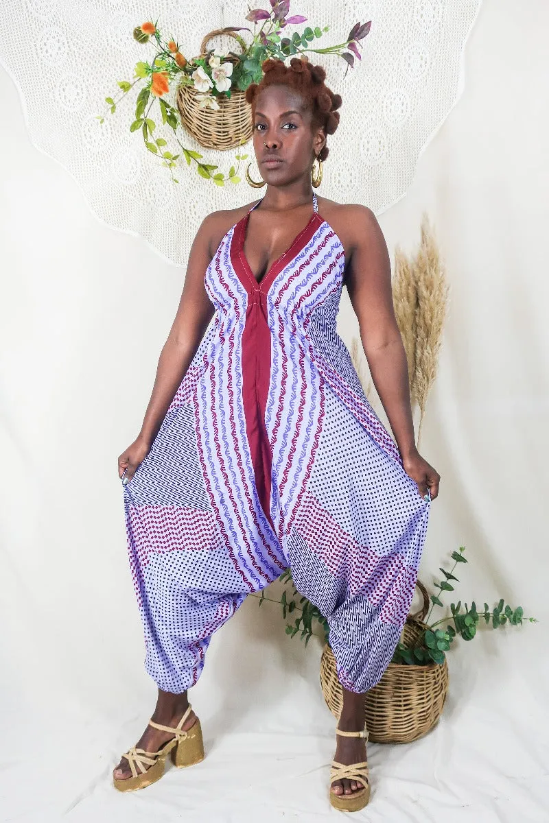 Medusa Harem Jumpsuit - Vintage Sari - Lilac Spots & Stripes - S/M