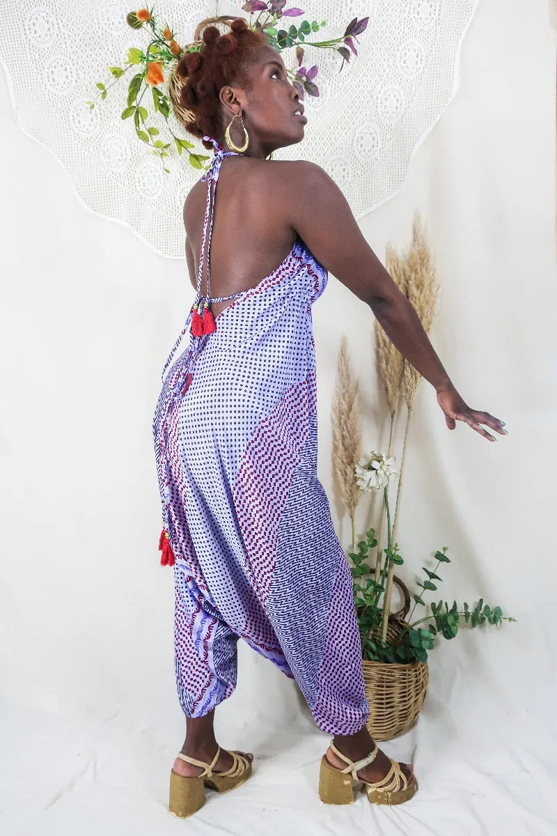 Medusa Harem Jumpsuit - Vintage Sari - Lilac Spots & Stripes - S/M
