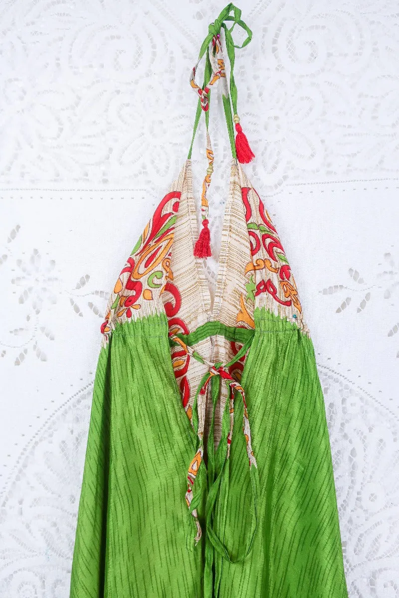 Medusa Harem Jumpsuit - Vintage Sari - Lime, Scarlet & Gold Peacocks - S/M