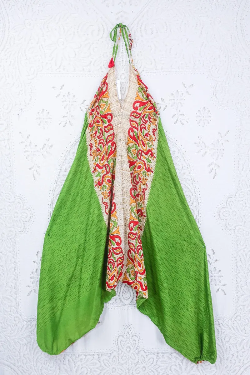 Medusa Harem Jumpsuit - Vintage Sari - Lime, Scarlet & Gold Peacocks - S/M