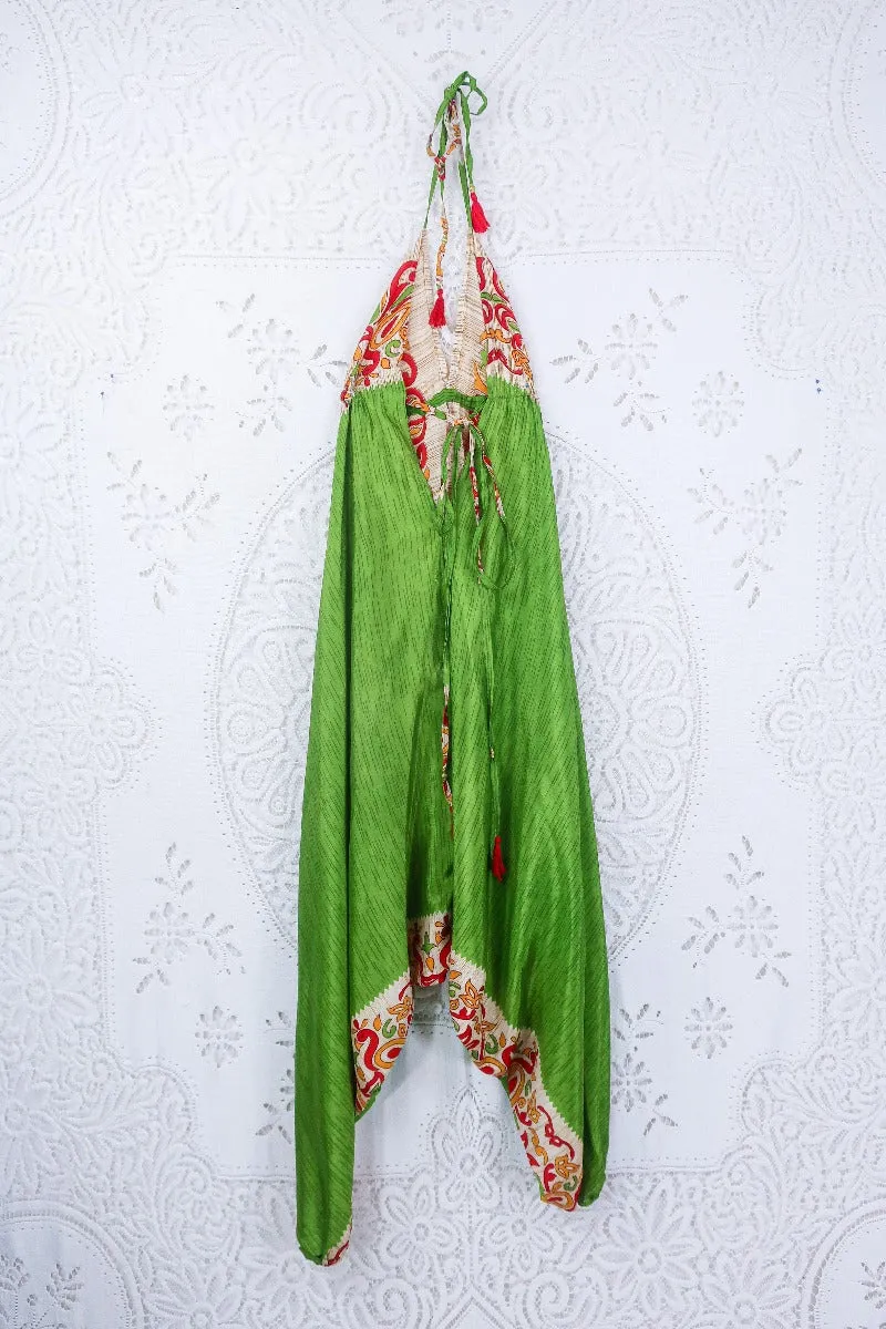 Medusa Harem Jumpsuit - Vintage Sari - Lime, Scarlet & Gold Peacocks - S/M