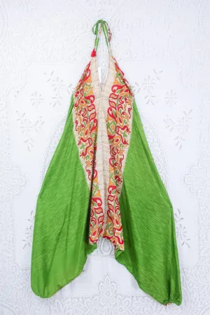 Medusa Harem Jumpsuit - Vintage Sari - Lime, Scarlet & Gold Peacocks - S/M