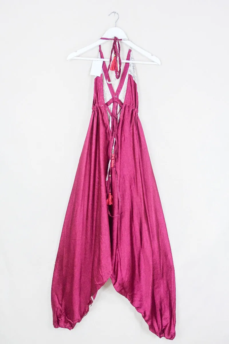 Medusa Harem Jumpsuit - Vintage Sari - Mulberry Daisies - M/L