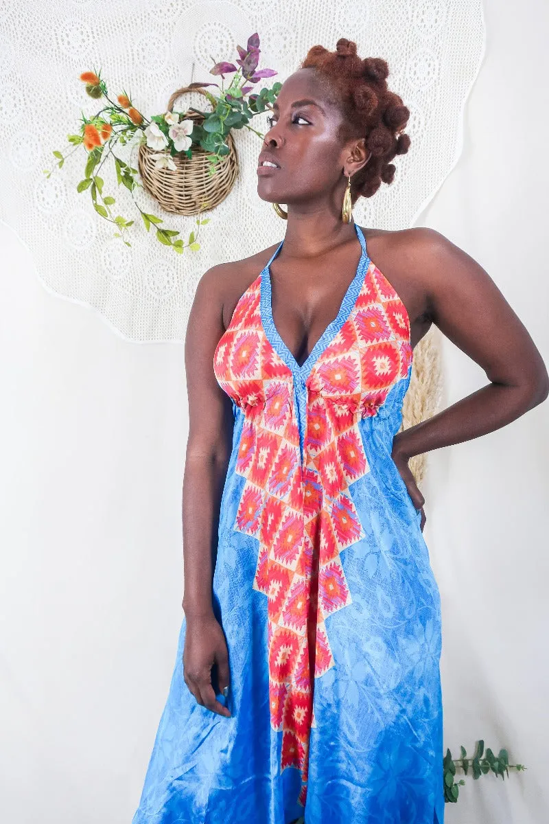 Medusa Harem Jumpsuit - Vintage Sari - Ocean Blue & Rust Kilim Print - S/M