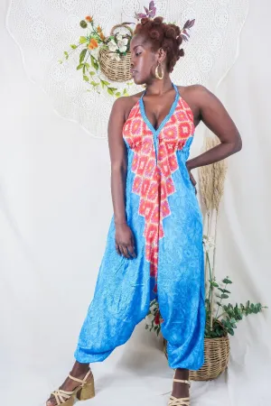 Medusa Harem Jumpsuit - Vintage Sari - Ocean Blue & Rust Kilim Print - S/M