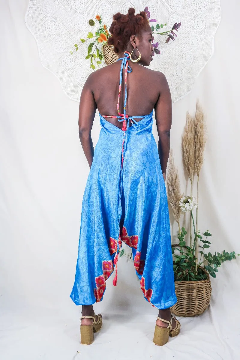 Medusa Harem Jumpsuit - Vintage Sari - Ocean Blue & Rust Kilim Print - S/M