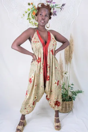 Medusa Harem Jumpsuit - Vintage Sari - Pistachio Green & Rust Red Flowers - L/XL