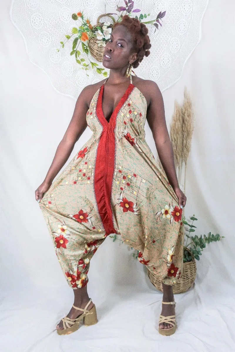 Medusa Harem Jumpsuit - Vintage Sari - Pistachio Green & Rust Red Flowers - L/XL