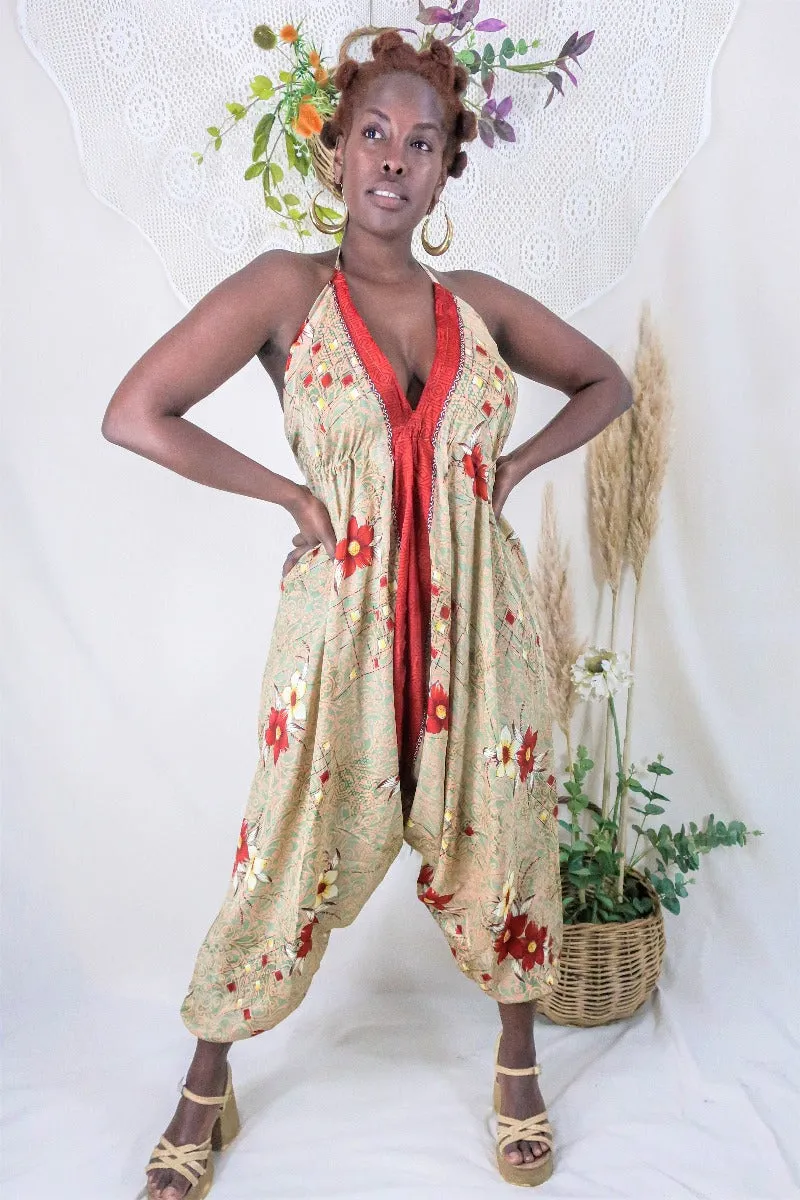 Medusa Harem Jumpsuit - Vintage Sari - Pistachio Green & Rust Red Flowers - L/XL