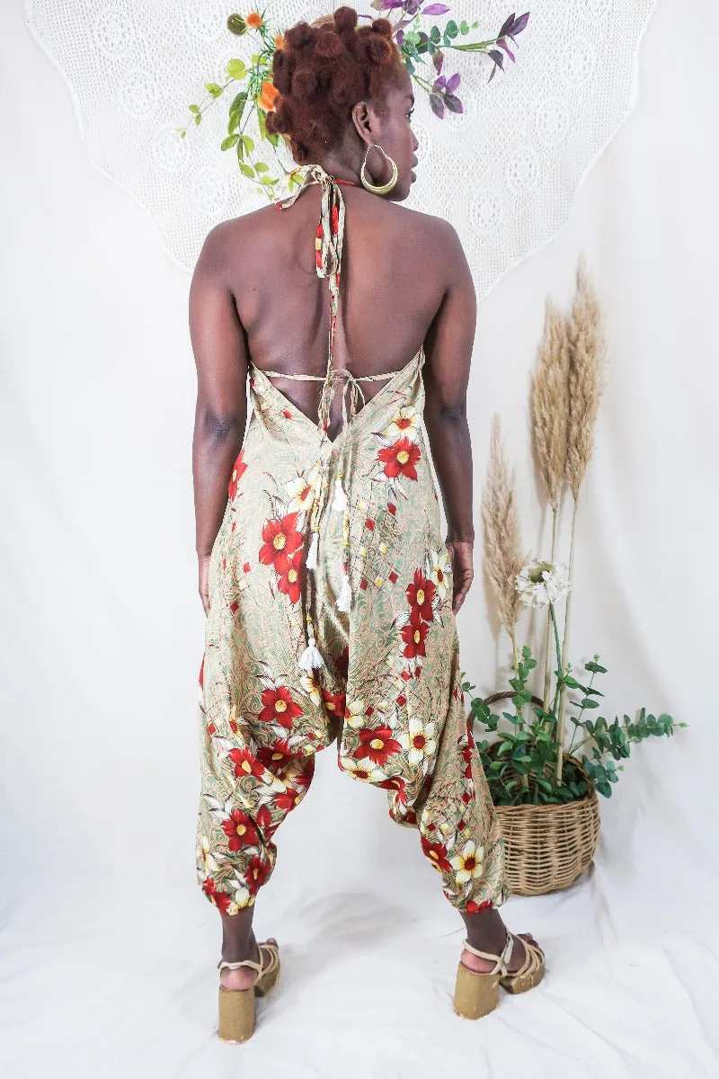 Medusa Harem Jumpsuit - Vintage Sari - Pistachio Green & Rust Red Flowers - L/XL