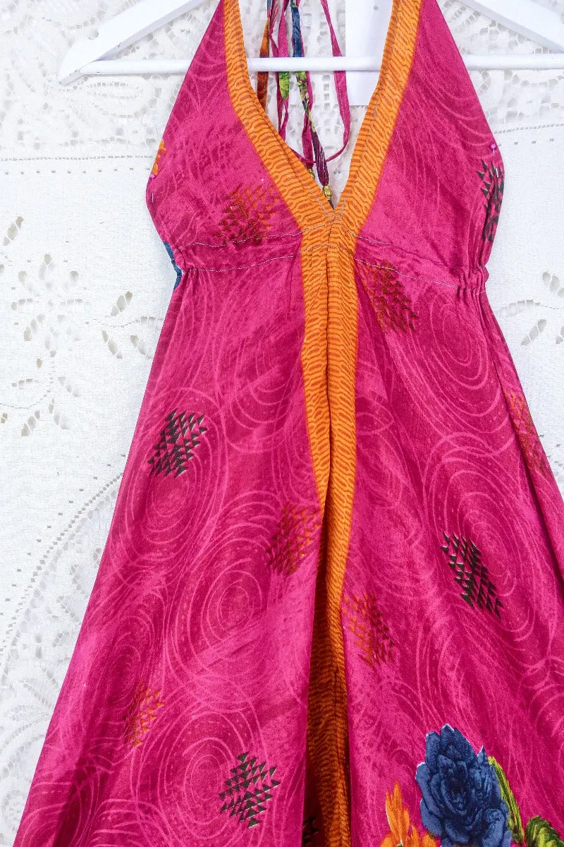 Medusa Harem Jumpsuit - Vintage Sari - Raspberry Pink Rose Floral - S/M