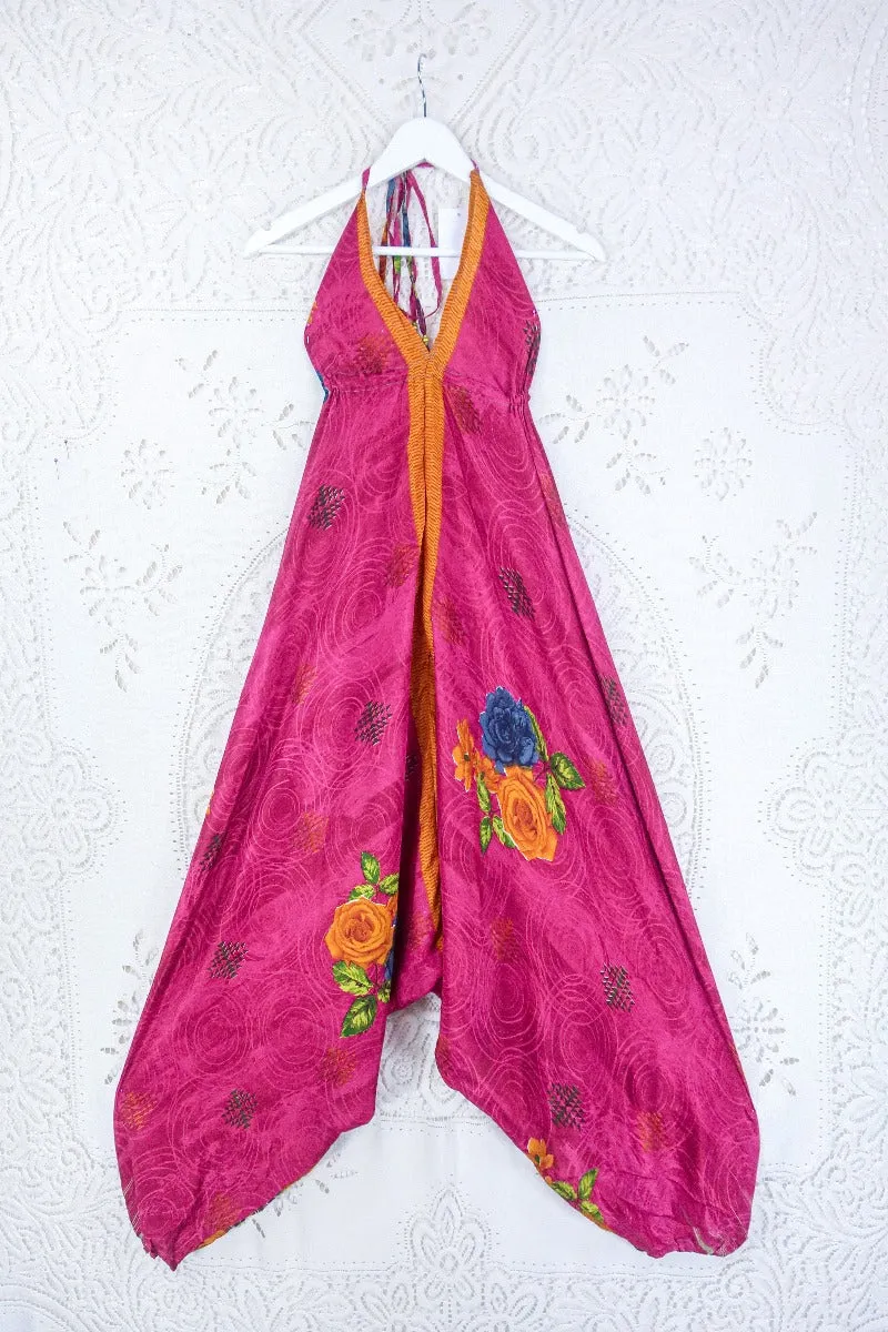 Medusa Harem Jumpsuit - Vintage Sari - Raspberry Pink Rose Floral - S/M
