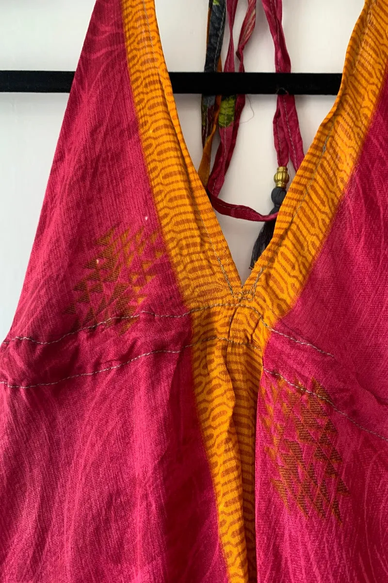Medusa Harem Jumpsuit - Vintage Sari - Raspberry Pink Rose Floral - S/M