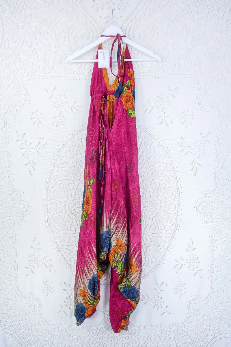 Medusa Harem Jumpsuit - Vintage Sari - Raspberry Pink Rose Floral - S/M