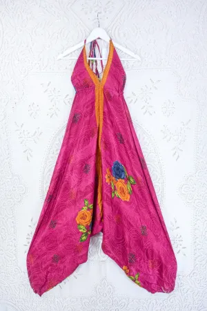 Medusa Harem Jumpsuit - Vintage Sari - Raspberry Pink Rose Floral - S/M