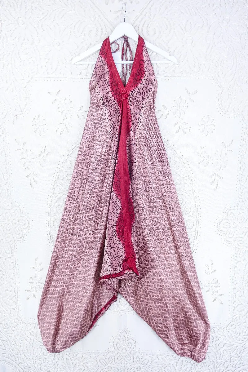 Medusa Harem Jumpsuit - Vintage Sari - Rose Gold & Crimson Tile Print - M/L
