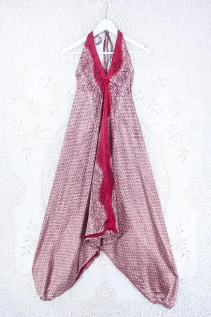 Medusa Harem Jumpsuit - Vintage Sari - Rose Gold & Crimson Tile Print - M/L
