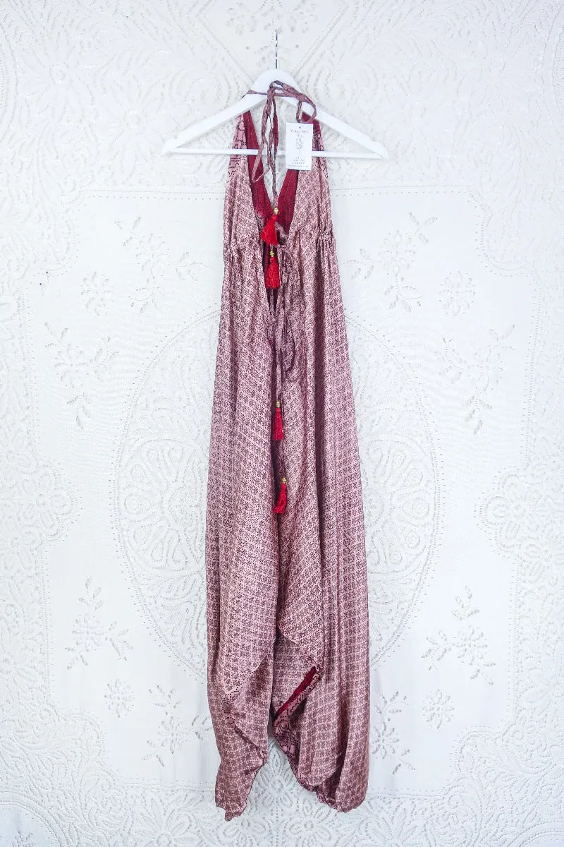 Medusa Harem Jumpsuit - Vintage Sari - Rose Gold & Crimson Tile Print - M/L