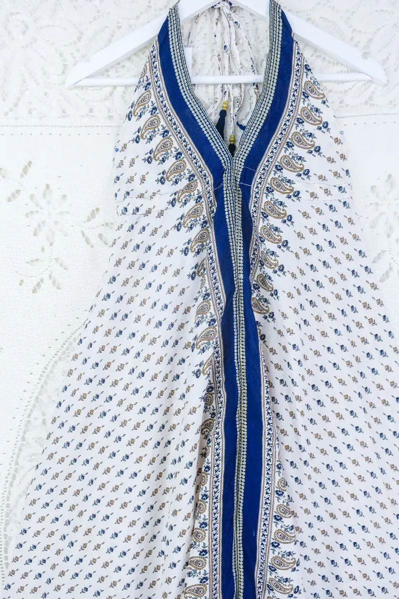 Medusa Harem Jumpsuit - Vintage Sari - Salt White & Indigo Paisley - M/L
