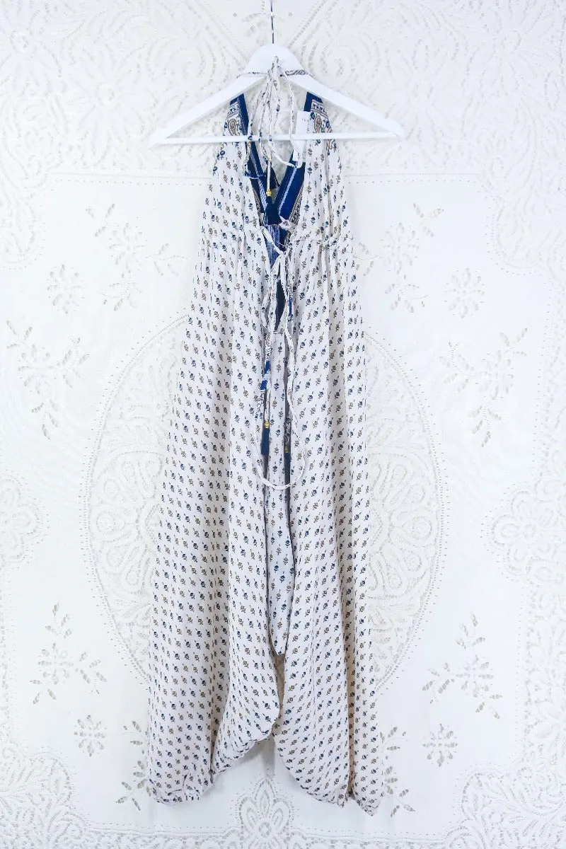 Medusa Harem Jumpsuit - Vintage Sari - Salt White & Indigo Paisley - M/L
