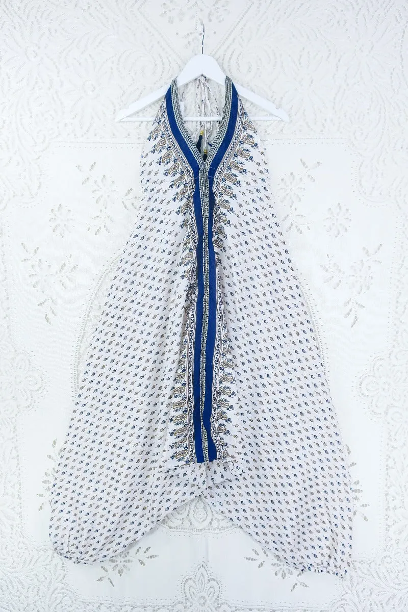 Medusa Harem Jumpsuit - Vintage Sari - Salt White & Indigo Paisley - M/L