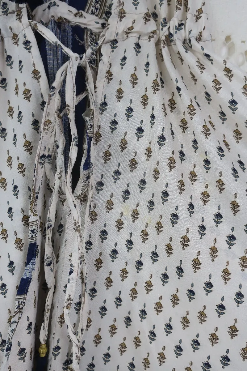 Medusa Harem Jumpsuit - Vintage Sari - Salt White & Indigo Paisley - M/L