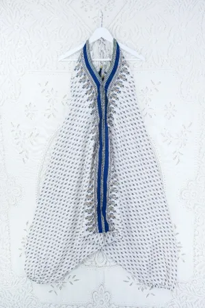 Medusa Harem Jumpsuit - Vintage Sari - Salt White & Indigo Paisley - M/L