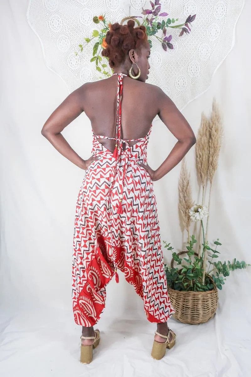 Medusa Harem Jumpsuit - Vintage Sari - Scarlet Red Mosaic - M/L