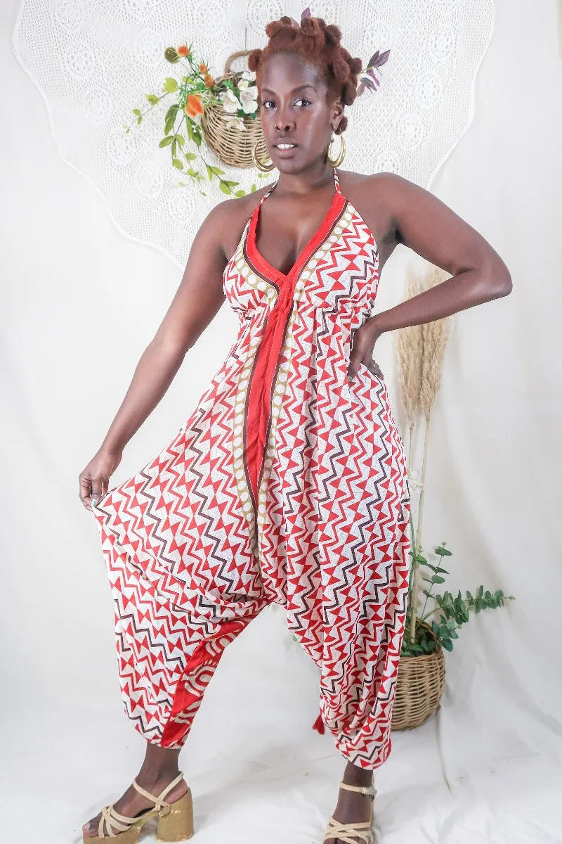 Medusa Harem Jumpsuit - Vintage Sari - Scarlet Red Mosaic - M/L