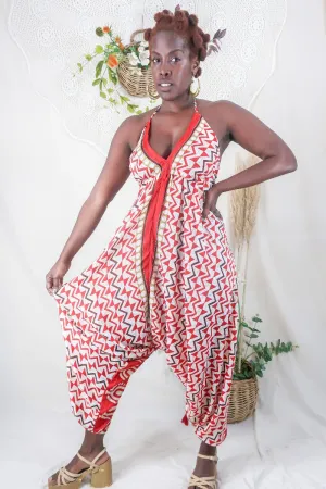 Medusa Harem Jumpsuit - Vintage Sari - Scarlet Red Mosaic - M/L