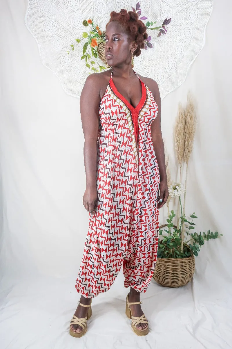 Medusa Harem Jumpsuit - Vintage Sari - Scarlet Red Mosaic - M/L