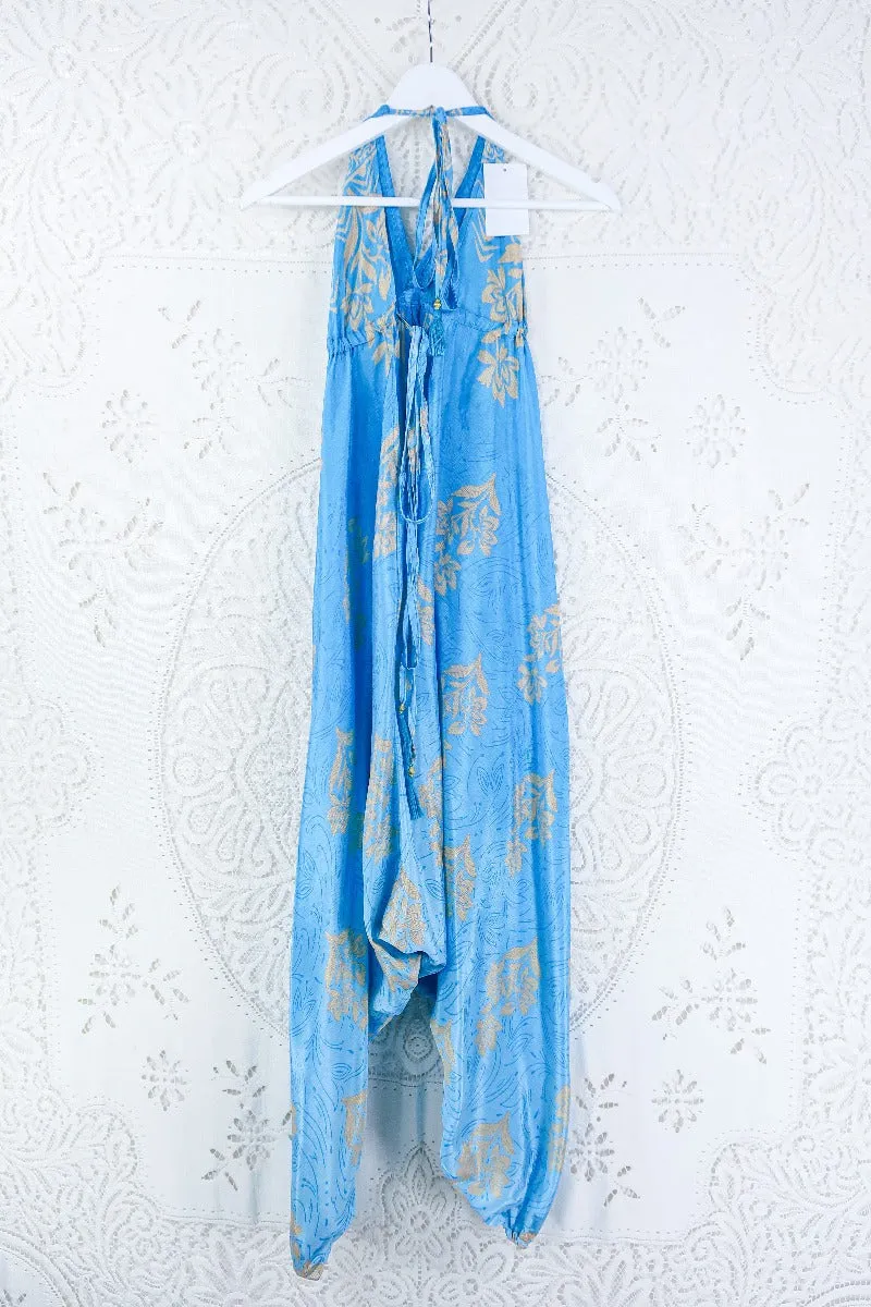 Medusa Harem Jumpsuit - Vintage Sari - Sky Blue & Beige Floral - S/M