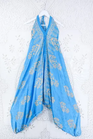 Medusa Harem Jumpsuit - Vintage Sari - Sky Blue & Beige Floral - S/M