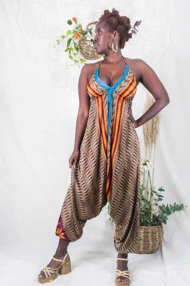 Medusa Harem Jumpsuit - Vintage Sari - Tiger Eye & Taupe - S/M