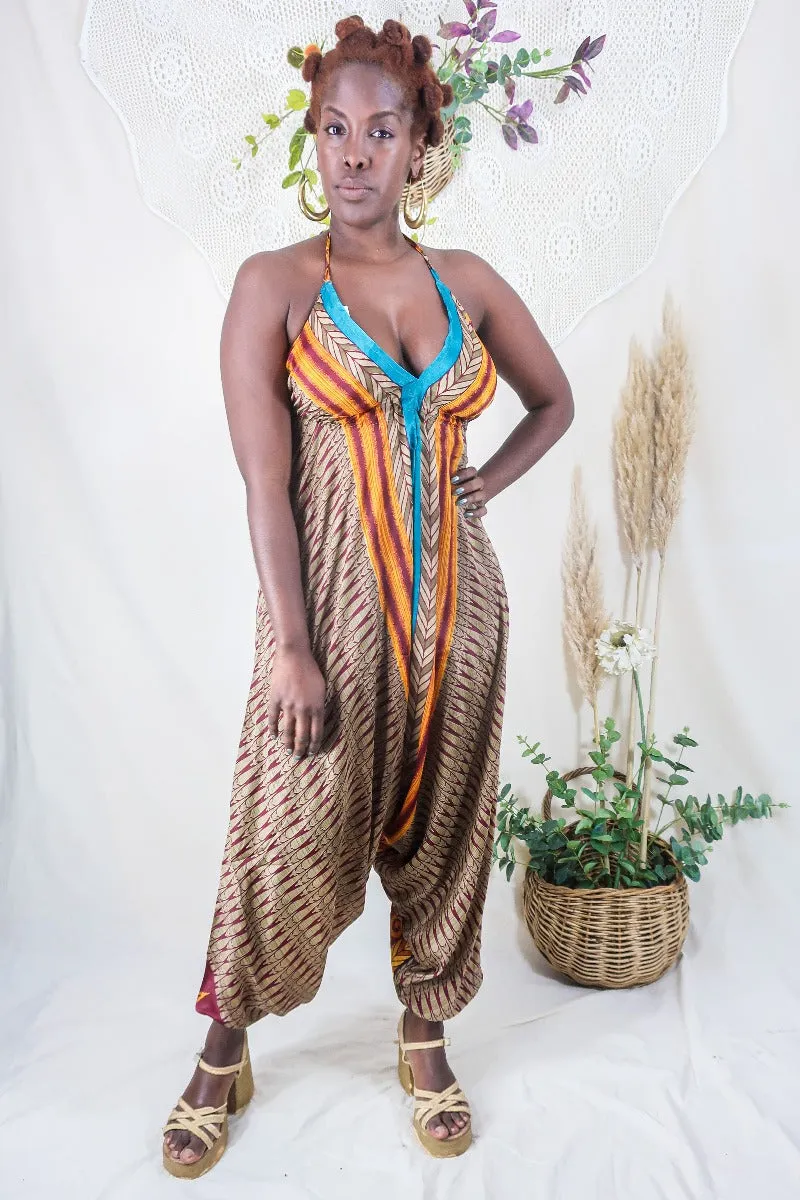 Medusa Harem Jumpsuit - Vintage Sari - Tiger Eye & Taupe - S/M