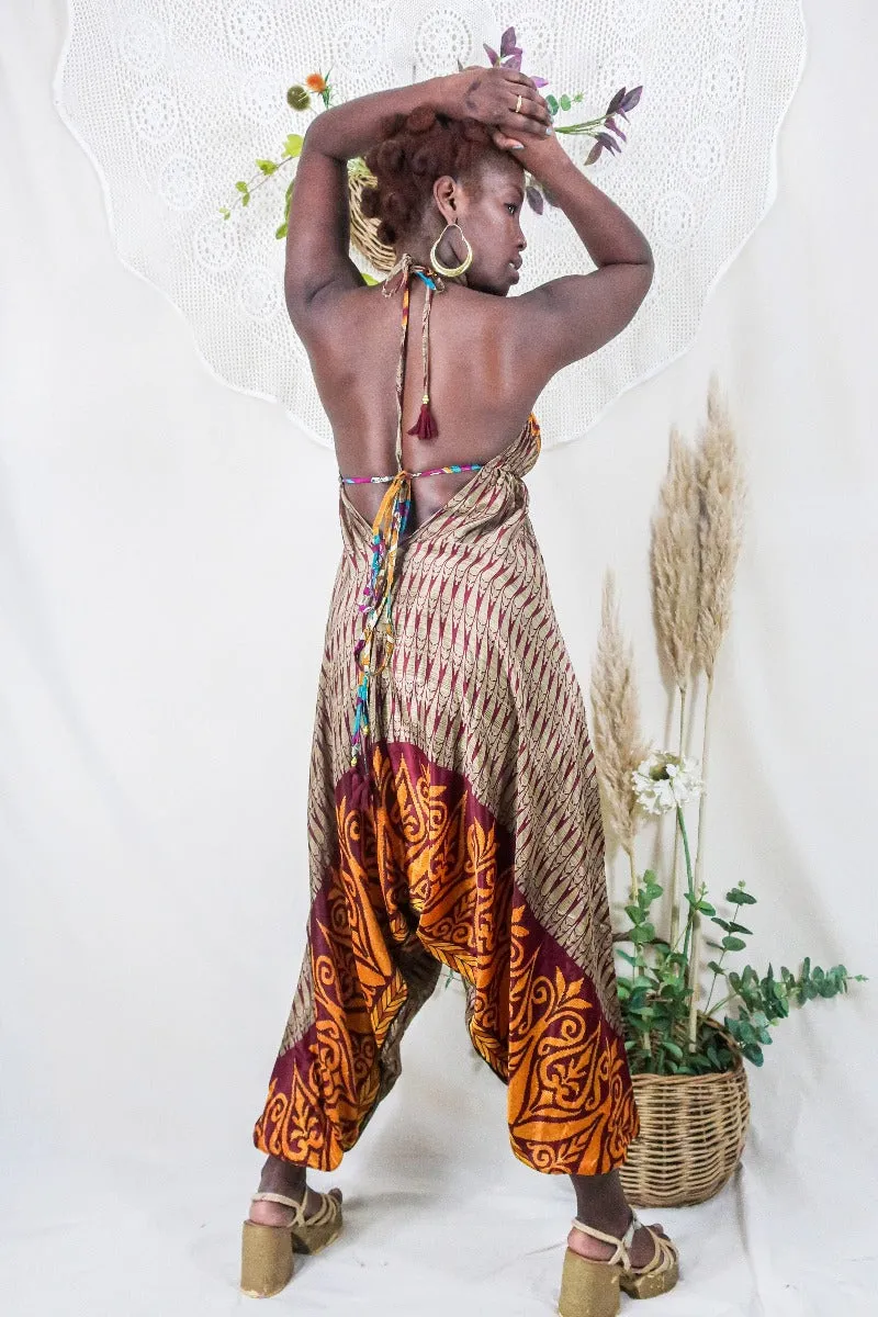 Medusa Harem Jumpsuit - Vintage Sari - Tiger Eye & Taupe - S/M