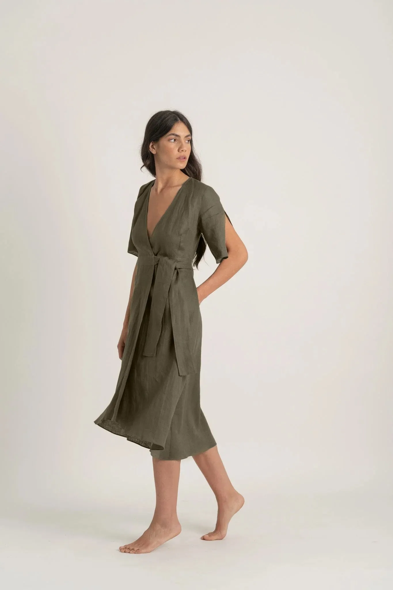 Meraki Wrap Dress Khaki