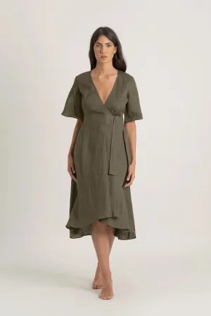 Meraki Wrap Dress Khaki