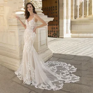 Mermaid Wedding Dress For Women Lace Appliques V-neck