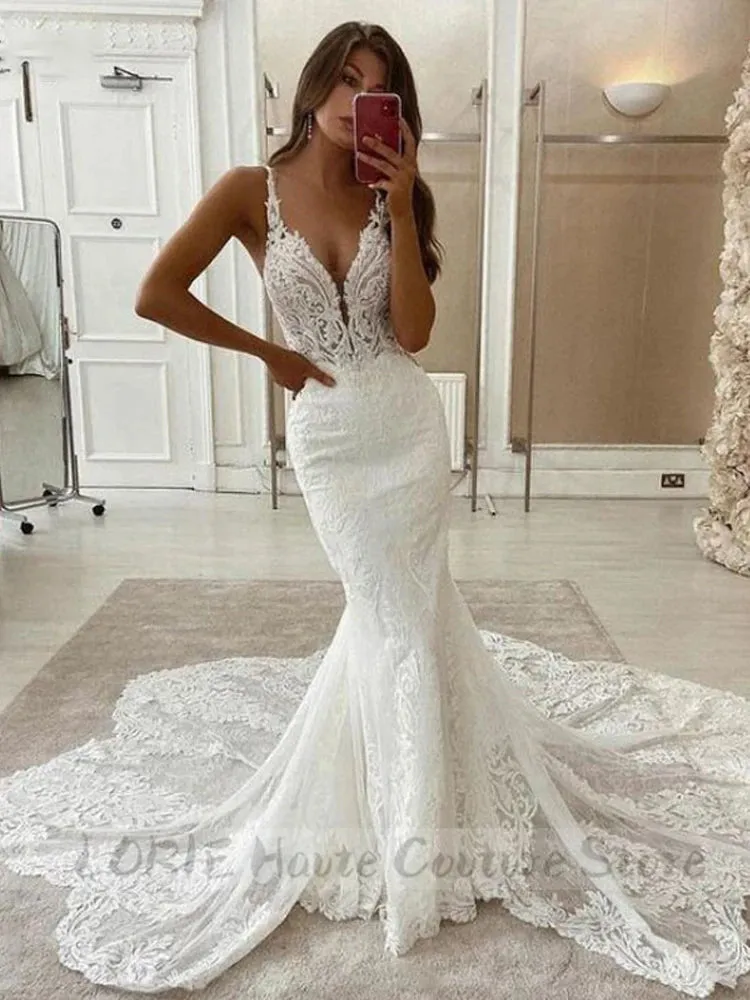 Mermaid Wedding Dresses Spaghetti Strap Soft Tulle Backless
