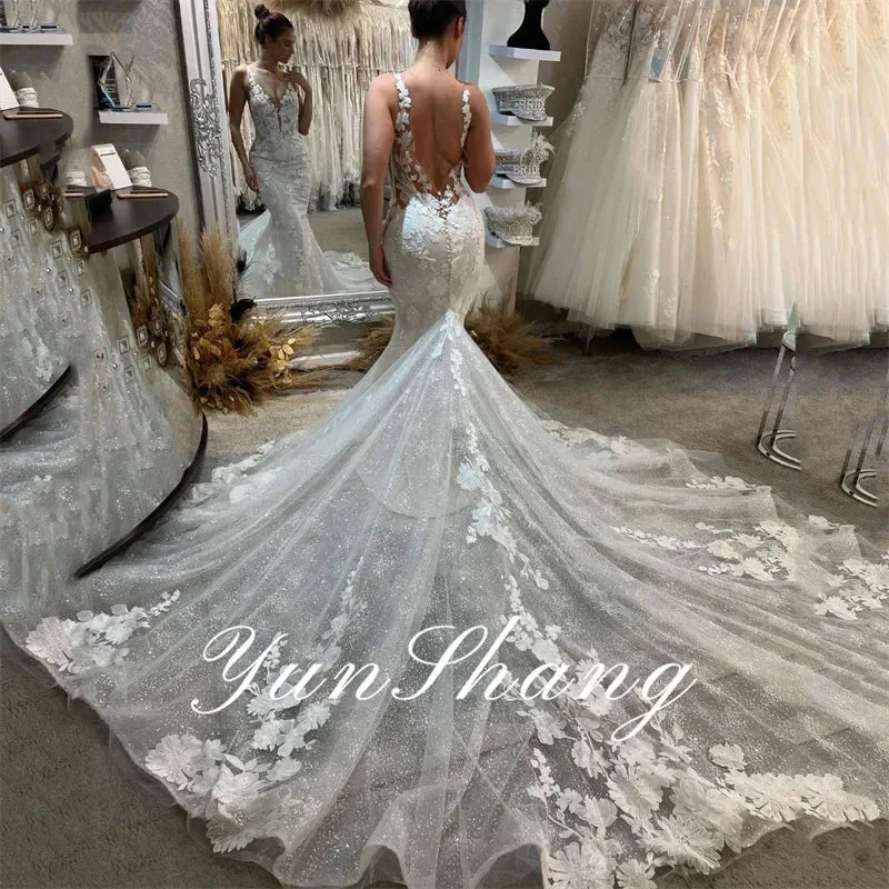 Mermaid Wedding Dresses Women Lace Open Back V-Neck Applique Spaghetti