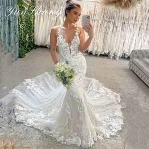Mermaid Wedding Dresses Women Lace Open Back V-Neck Applique Spaghetti