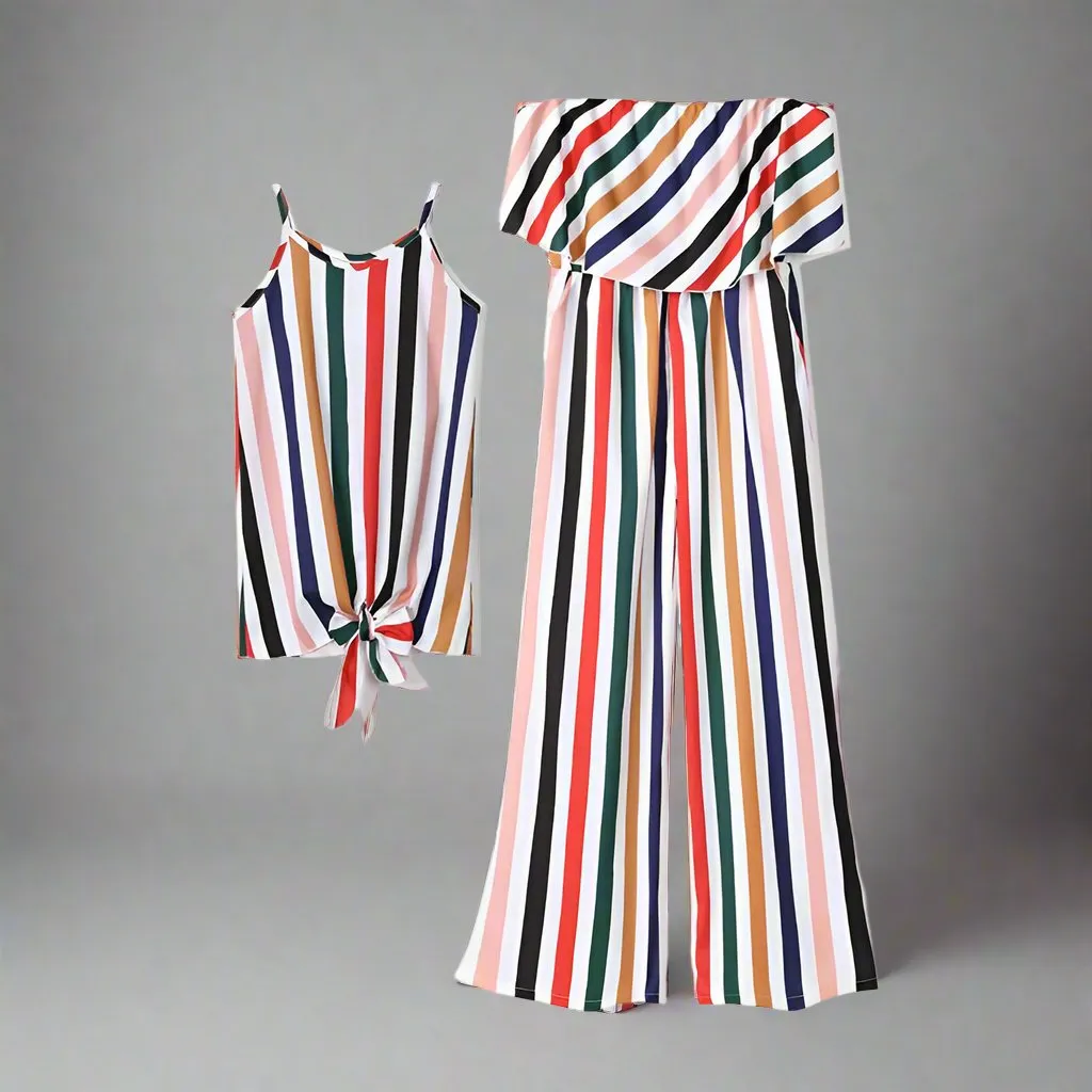 Mommy and Me Matching Rainbow Stripe Jumpsuit Set – Strapless for Moms & Tie-Knot for Girls