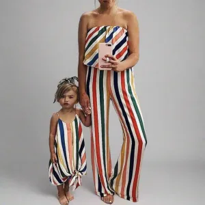 Mommy and Me Matching Rainbow Stripe Jumpsuit Set – Strapless for Moms & Tie-Knot for Girls