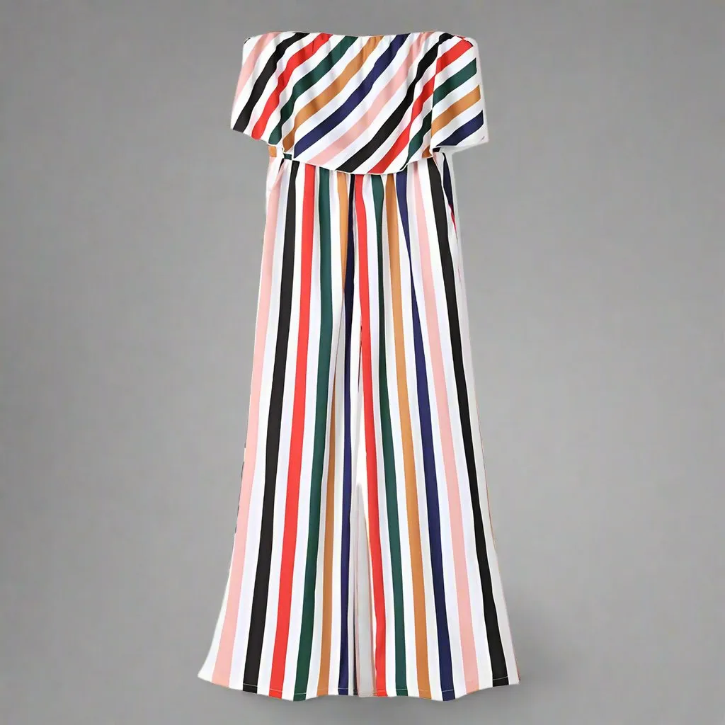 Mommy and Me Matching Rainbow Stripe Jumpsuit Set – Strapless for Moms & Tie-Knot for Girls