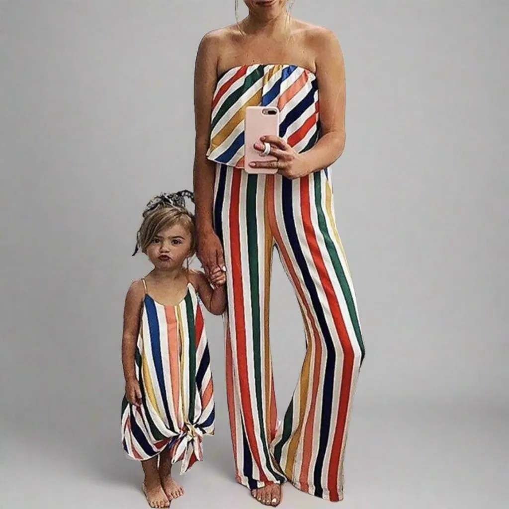 Mommy and Me Matching Rainbow Stripe Jumpsuit Set – Strapless for Moms & Tie-Knot for Girls