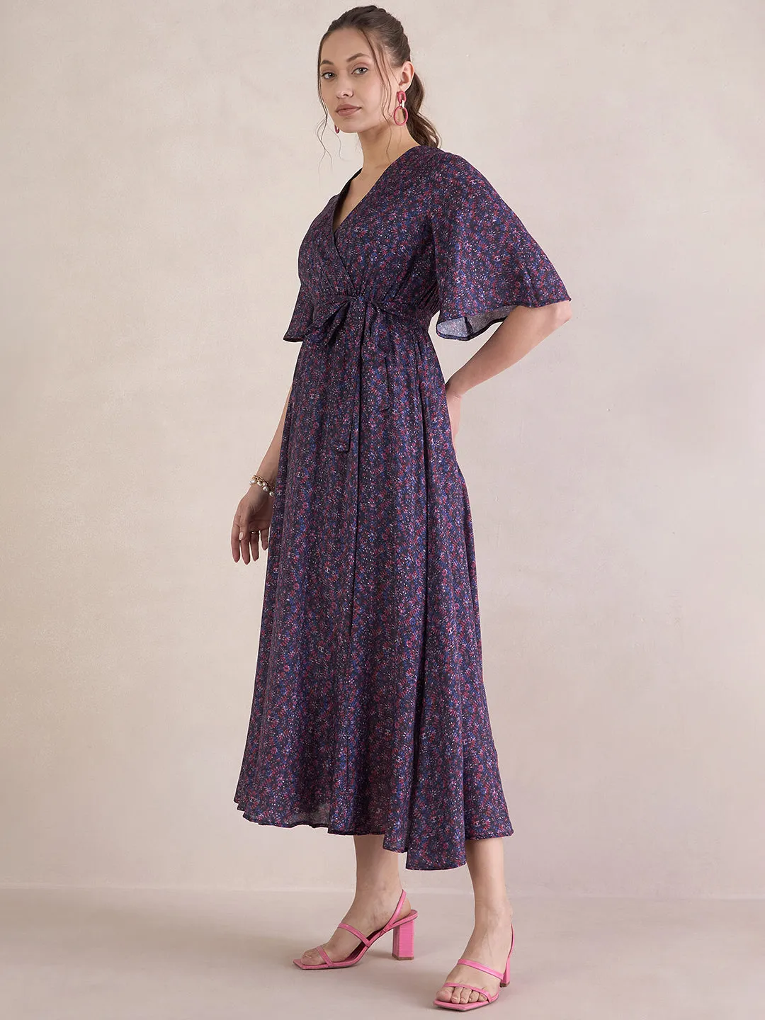 Navy Abstract Chanderi Wrap Maxi Dress